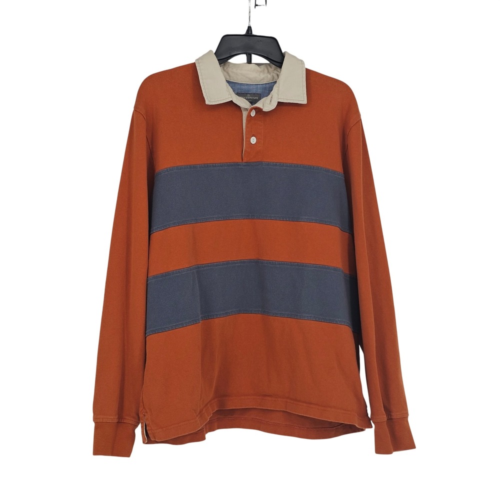 L.L. Bean Signature Rugby Shirt L Orange Blue Preppy Collegiate Blokecore Stripe